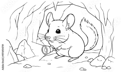 An adorable chinchilla explores a dark cave with a bright flashlight. Coloring page, black and white