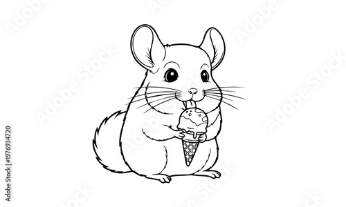 A charming chinchilla enjoys a sweet ice cream cone in a detailed illustration. Coloring page, black and white