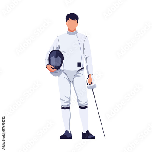 Fencer Athlete Holding Mask and Sword, Ready for Competition