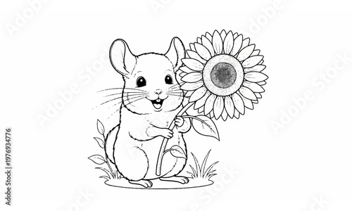 A cheerful mouse stands upright holding a large sunflower with detailed petals. Coloring page, black and white