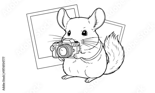 A charming chinchilla joyfully holds and operates a vintage camera. Coloring page, black and white
