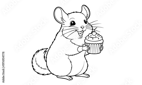 A cheerful chinchilla happily holds a decorated cupcake in its paws. Coloring page, black and white