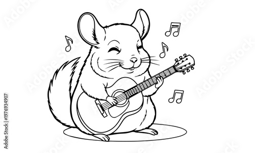 A delightful cartoon illustration of a chinchilla enthusiastically playing a guitar.  Coloring page, black and white