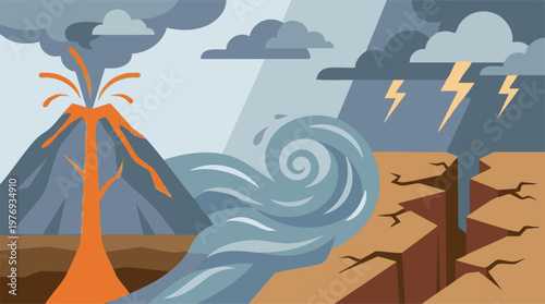 Natural disasters illustration: volcanic eruption, tsunami wave, earthquake, and lightning storm