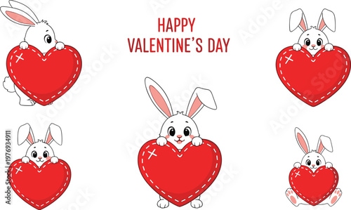 Cute Bunny Holding Heart, Valentine's Day Illustration with Red Heart for Love, Friendship, and Holiday Greetings