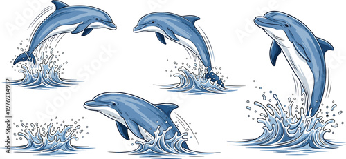 Dolphins Leaping through Ocean Waves, Playful Marine Animals in Action, Dolphin Illustration for Wildlife, Ocean Life, and Nature Designs