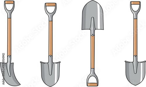 Shovel Illustration Set with Different Angles, Gardening and Construction Tools for Landscaping, Outdoor, and Manual Work