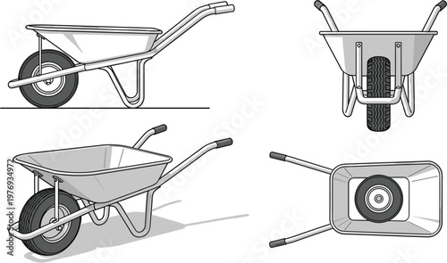 Wheelbarrow Illustration from Multiple Angles, Construction and Gardening Tool Design for Landscaping, Outdoor, and Manual Work