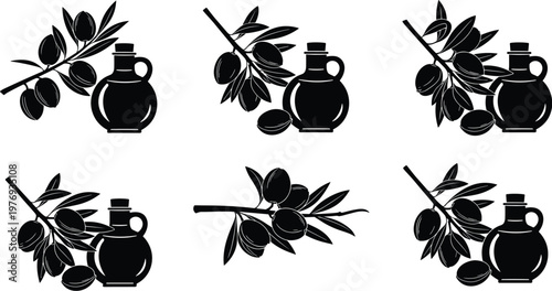 Olive Branch with Olive Oil Bottle, Organic Olive and Healthy Food Illustration for Mediterranean Diet, Cooking, and Natural Products