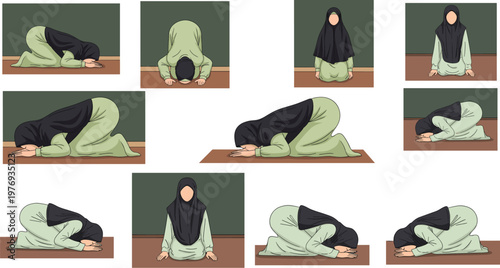 Muslim Woman Praying on Prayer Mat, Hijab and Salah Poses in Spiritual and Religious Illustration for Faith, Worship, and Prayer