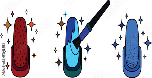 Professional Nail Art and Manicure Icon Set Featuring Sparkling Fingernails with Polish Application Brush for Beauty Salons Cosmetics Fashion and Hand Care Services