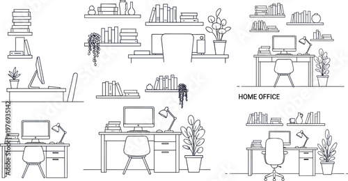 Canvas Print Home Office Workspace with Desk, Bookshelves, and Plants, Minimalist Office Setu
