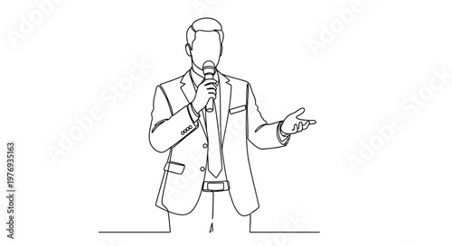 Continuous line drawing of a man speaking into a microphone.