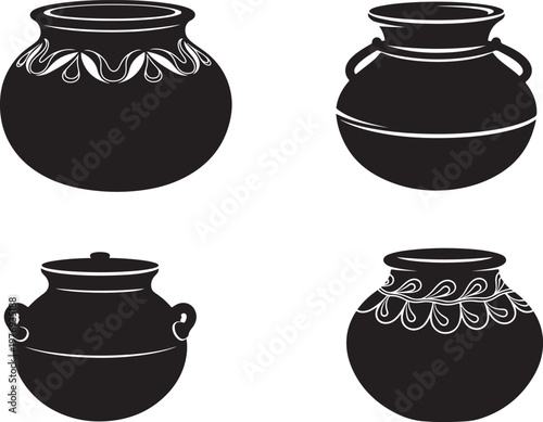 Set of four black and white of traditional clay pots