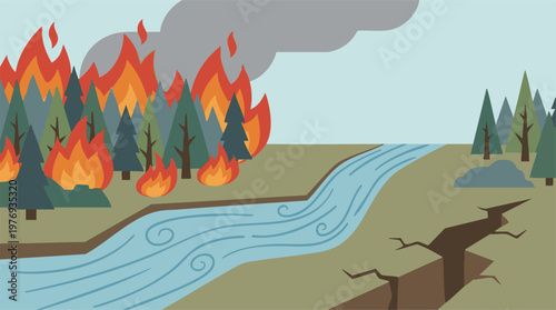 Natural disasters: Forest fire, river, and earthquake crack
