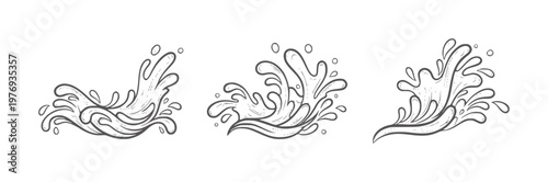 Three stylized black and white water splashes with droplets liquid wave motion