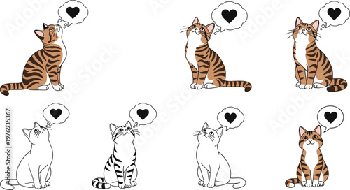 Cute Cats with Heart Thought Bubbles, Love and Affection in Pet Illustration for Animal Lovers, Pets, and Cute Cat Designs