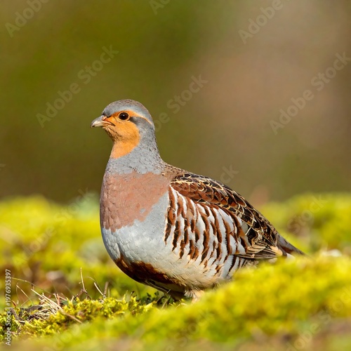A close-up shot of a bird with a gray head, orange face markings, and brown and gray patterned feathers, perched on moss