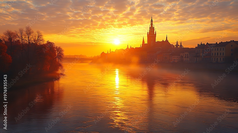 Naklejka premium Sunrise over river with city buildings
