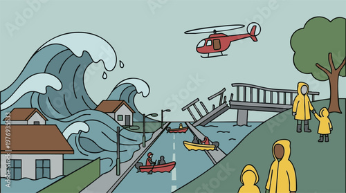 Illustration of tsunami and flood disaster with rescue efforts and damaged bridge