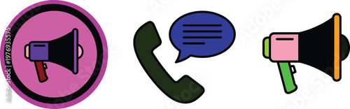 Digital Marketing and Communication Icon Set Featuring Megaphones for Announcements, Telephone Handset for Customer Support, and Chat Message Bubble Symbols for Business Advertising