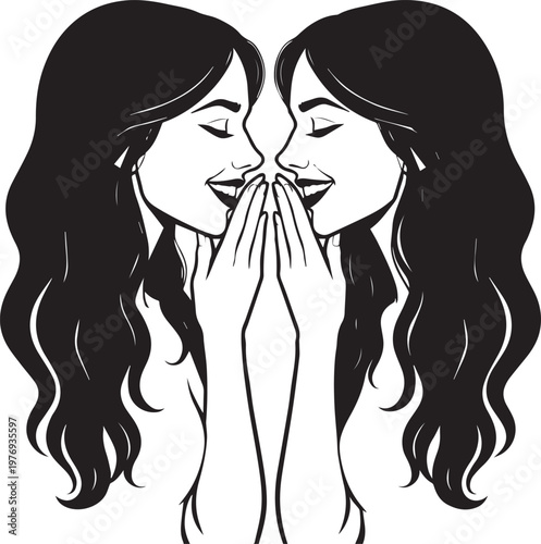 Mirrored Woman Faces Smiling With Hands Covering Mouths In Symmetry