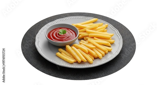 Golden French Fries with Ketchup on Gray Plate Isolated on White