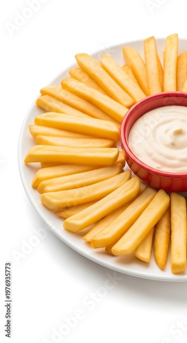 French Fries with Dipping Sauce on White Plate