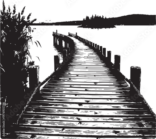Wooden Boardwalk Pier Stretching Over Calm Lake In Silhouette