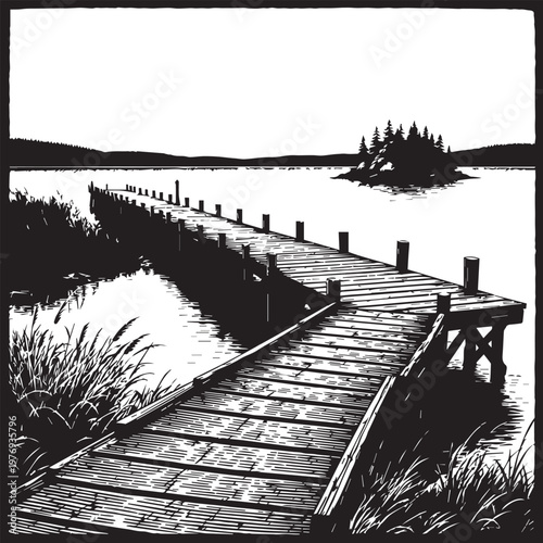 Wooden Dock Pier Extending Over Calm Lake With Island View