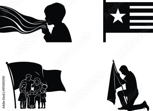 Patriotic silhouette montage honoring american values with flags soldiers and reverent remembrance