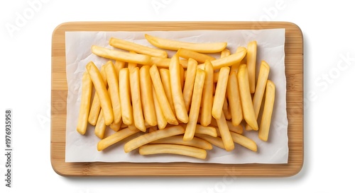 Golden French Fries on Wooden Board Isolated on White