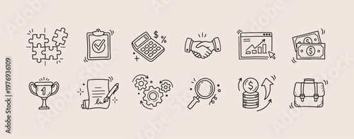Professional Finance Icons Set, Business Growth Strategy Illustration, Handshake Partnership Symbol Graphics, Calculated Success Sketch Art, Aesthetic Corporate Goal Design, Financial Search Element D