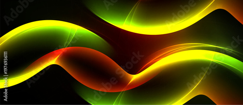 Abstract waves, vibrant colors blend. Smooth curves create dynamic visual effect. Dark background emphasizes luminosity.