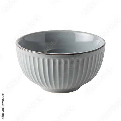 Gray Ceramic Bowl with Ribbed Exterior Isolated on White