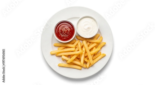 Golden French Fries with Ketchup and Mayonnaise on White Plate