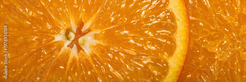 Macro close up of ripe orange slices texture with juicy pulp and citrus segments
