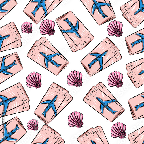 Vector hand drawn colored seamless pattern, two plane tickets, black line on white background