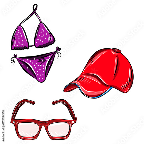 Vector hand-drawn color illustration of a beach set, a red cap, a women s swimsuit and sunglasses, black line on a white background