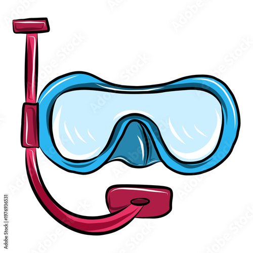 Vector color illustration of a hand-drawn underwater mask, for swimming in blue color, black line on a white background