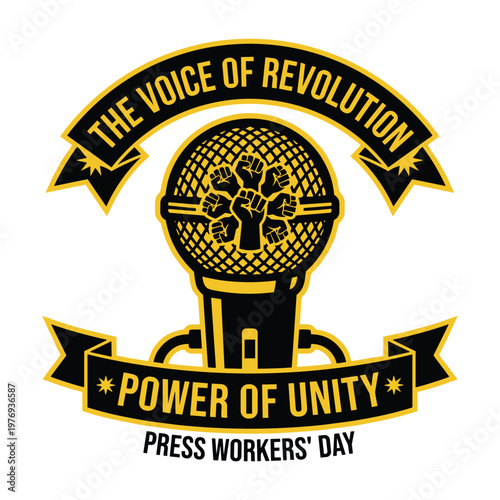 The Voice of Revolution: A striking emblem symbolizing the power of unity and the voice of revolution. A microphone at the center of attention.