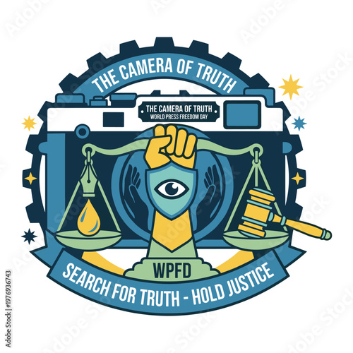 The Camera of Truth: Symbol of World Press Freedom: This vibrant illustration encapsulates the essence of World Press Freedom Day, with a camera representing truth, a scale signifying justice.