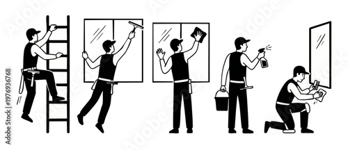 Window Cleaner Service Icons Set, Professional Window Washing Workers Cleaning Glass with Squeegee and Spray Bottle, Vector Illustration of Housekeeping Maintenance Staff in Black and White Flat Style