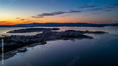 фотографія Aerial sunset view of Illa de Arousa with mussel rafts, Galicia