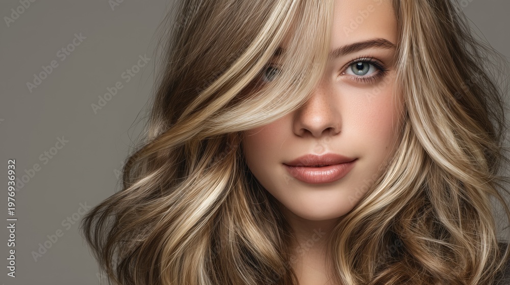 Naklejka premium A young woman with whipped cappuccino hair color, soft creamy brown base with airy light beige highlights, bold face-framing money piece in warm vanilla blonde, glossy voluminous blowout