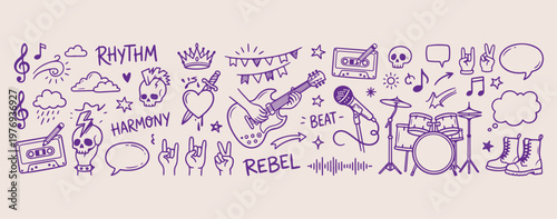 Rebel rock music art, electric guitar doodle, cassette tape illustration, punk rock aesthetic, microphone and stage, musical beat graphic, concert hand sign vector

