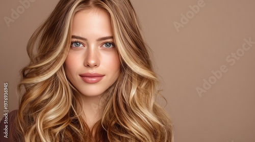 A young woman with whipped cappuccino hair color, soft creamy brown base with airy light beige highlights, bold face-framing money piece in warm vanilla blonde, glossy voluminous blowout