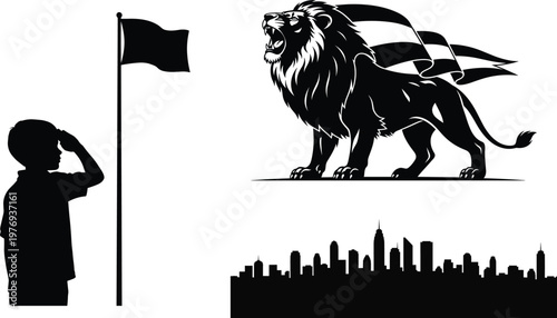 Majestic lion with flag and silhouette a symbolic representation of strength leadership and urban landscape