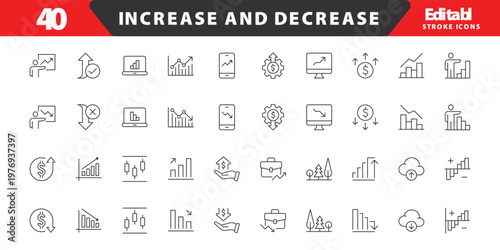 Increase and Decrease line Editable Icons set. Graph, Diagram, business growth, finance, economy, statistics, summary, profit, fall, arrow up, down,
and more. Simple vector icons. Editable Stroke.