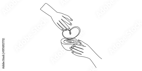 A continuous line drawing depicting two hands sharing a cup of coffee with a heart shape above it. Vector, illustration